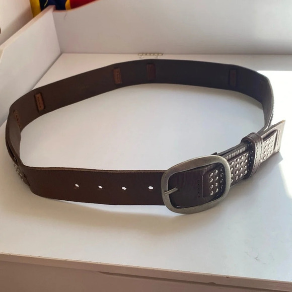 Studded Leather Full Grain Leather Silver Hardware Brown‎ Belt Silver Studs - Picture 1 of 7
